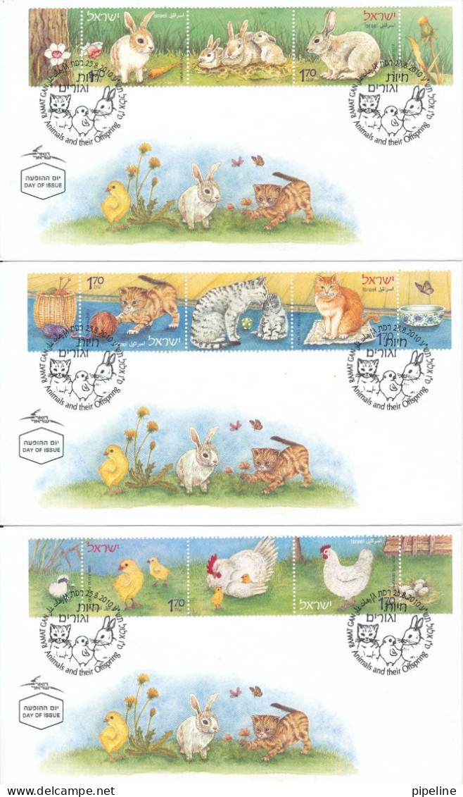Israel FDC 25-8-2010 Animals And Their Offspring Complete Set Of 9 With Taps And Cachet On 3 Covers - FDC
