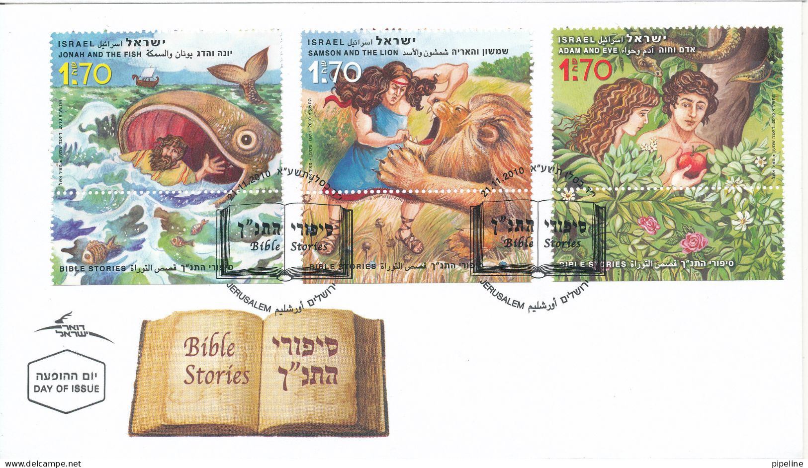 Israel FDC 21-11-2010 Bible Stories Set Of 3 With Taps And Cachet - FDC