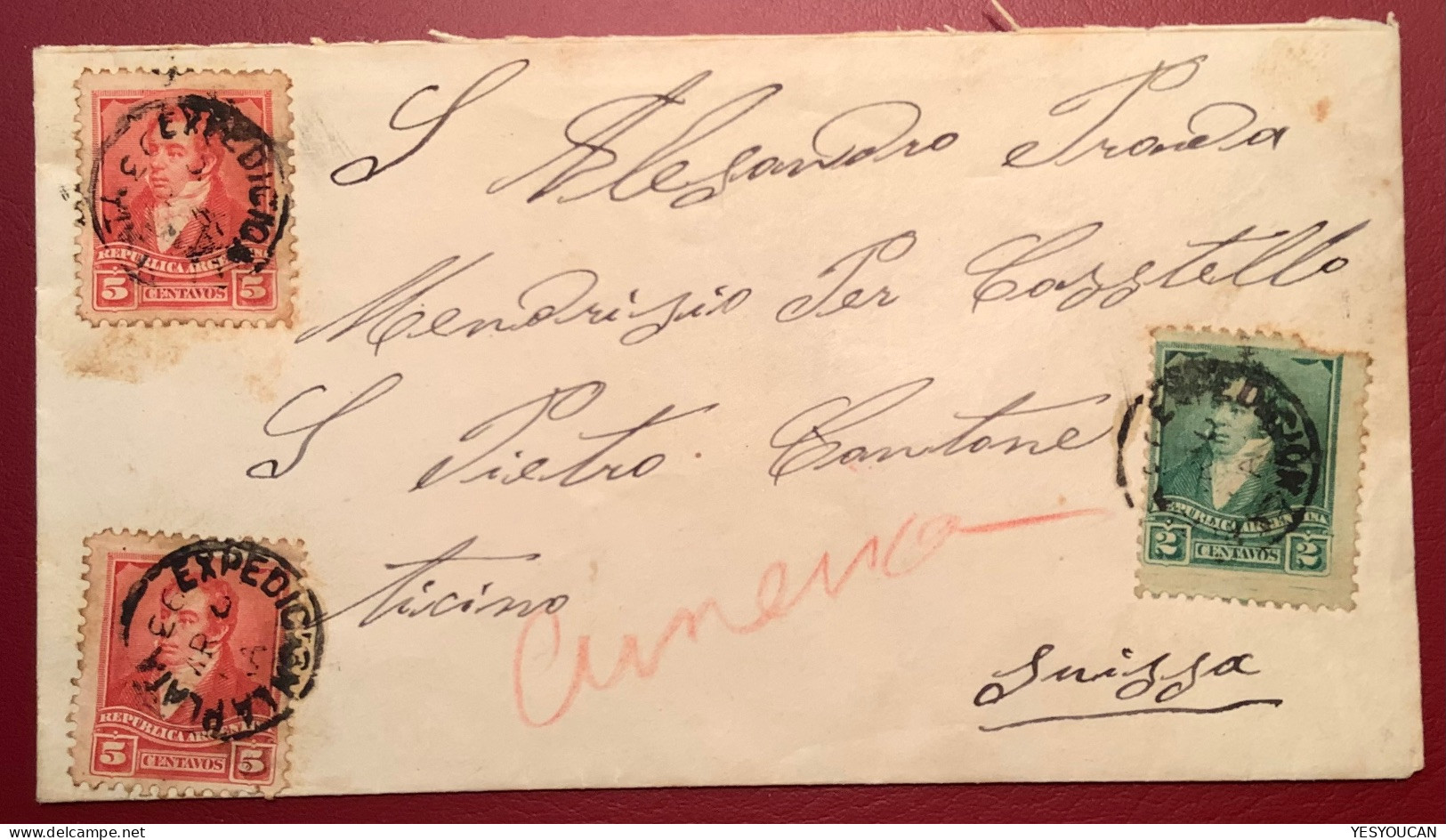 LA PLATA1893 5c Rivadavia+2c (1892-95)cover>Mendrisio/Castel S.Pietro, Ticino TI, Schweiz (Argentina Brief - Briefe U. Dokumente
