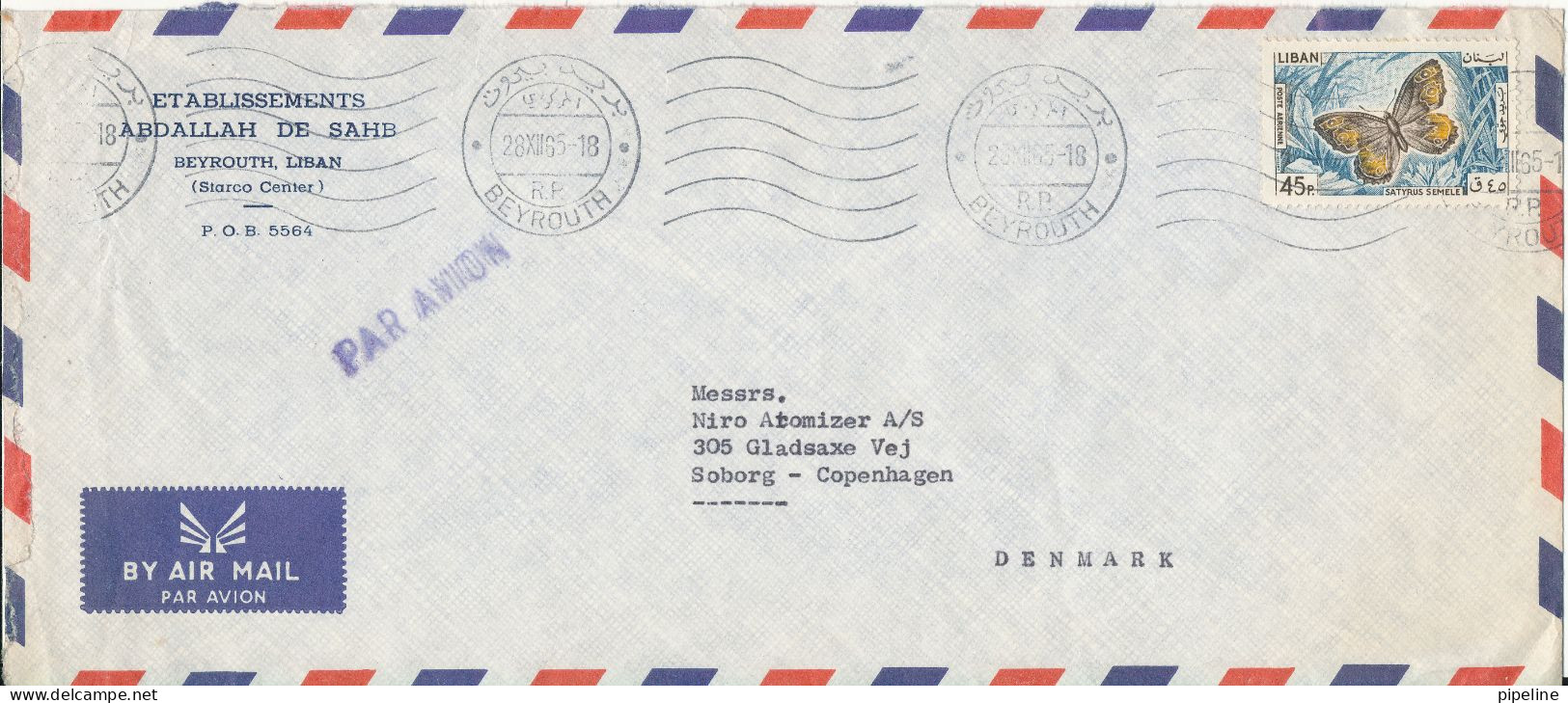 Lebanon Air Mail Cover Sent To Denmark Beyrouth 28-12-1965 Single Franked BUTTERFLY - Liban