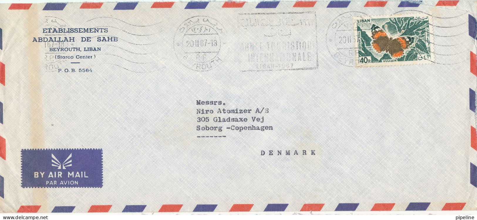 Lebanon Air Mail Cover Sent To Denmark Beyrouth 20-11-1967 Single Franked BUTTERFLY - Liban