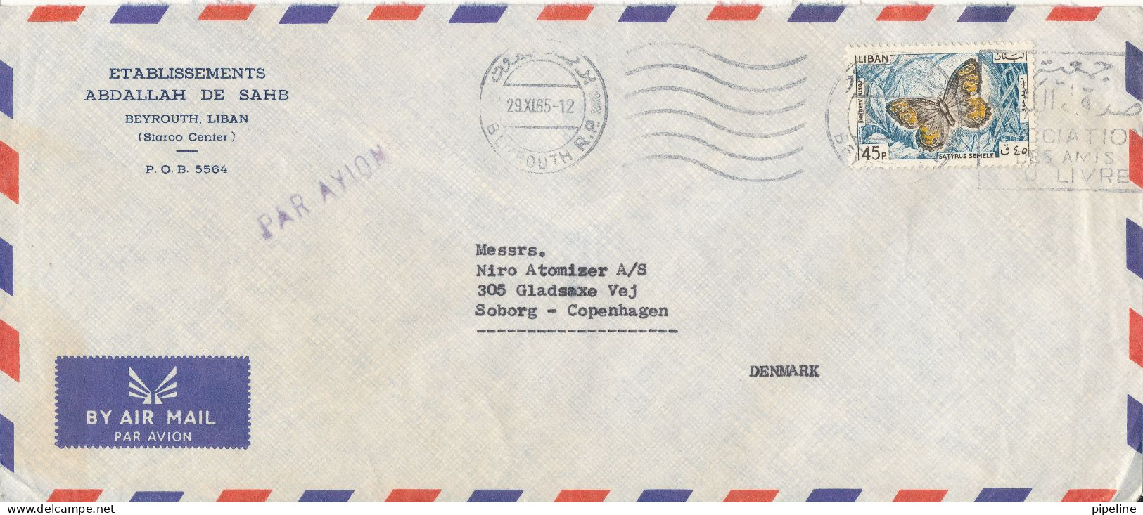 Lebanon Air Mail Cover Sent To Denmark Beyrouth 29-11-1965 Single Franked BUTTERFLY - Liban