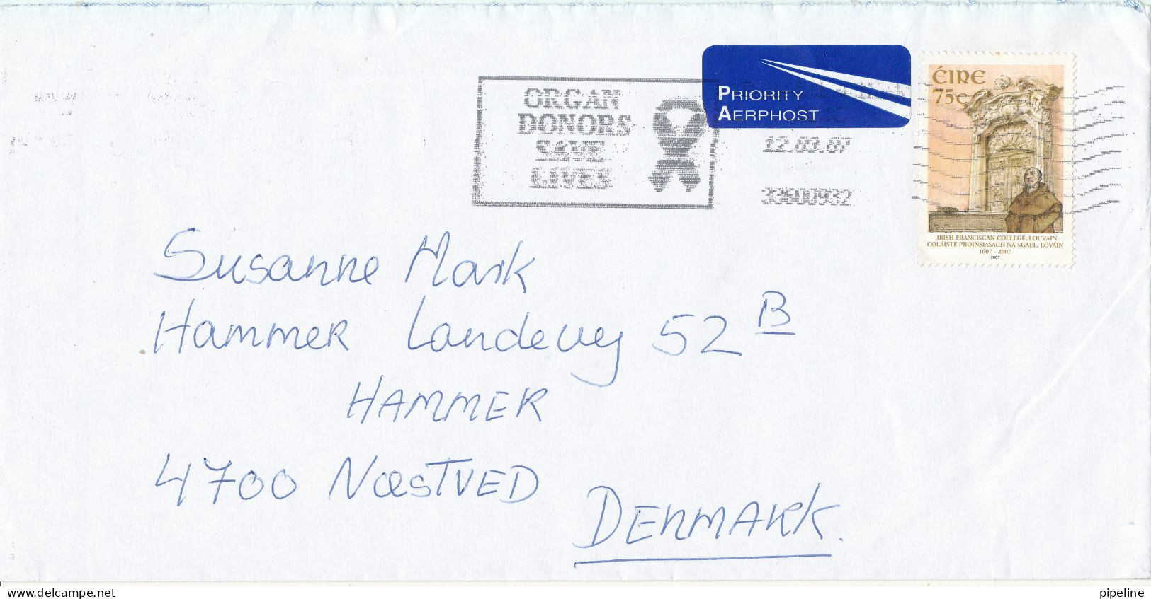 Ireland Cover Sent Air Mail To Denmark 12-3-2007 Single Franked And With Text (organ Donors Save Lifes) - Cartas & Documentos