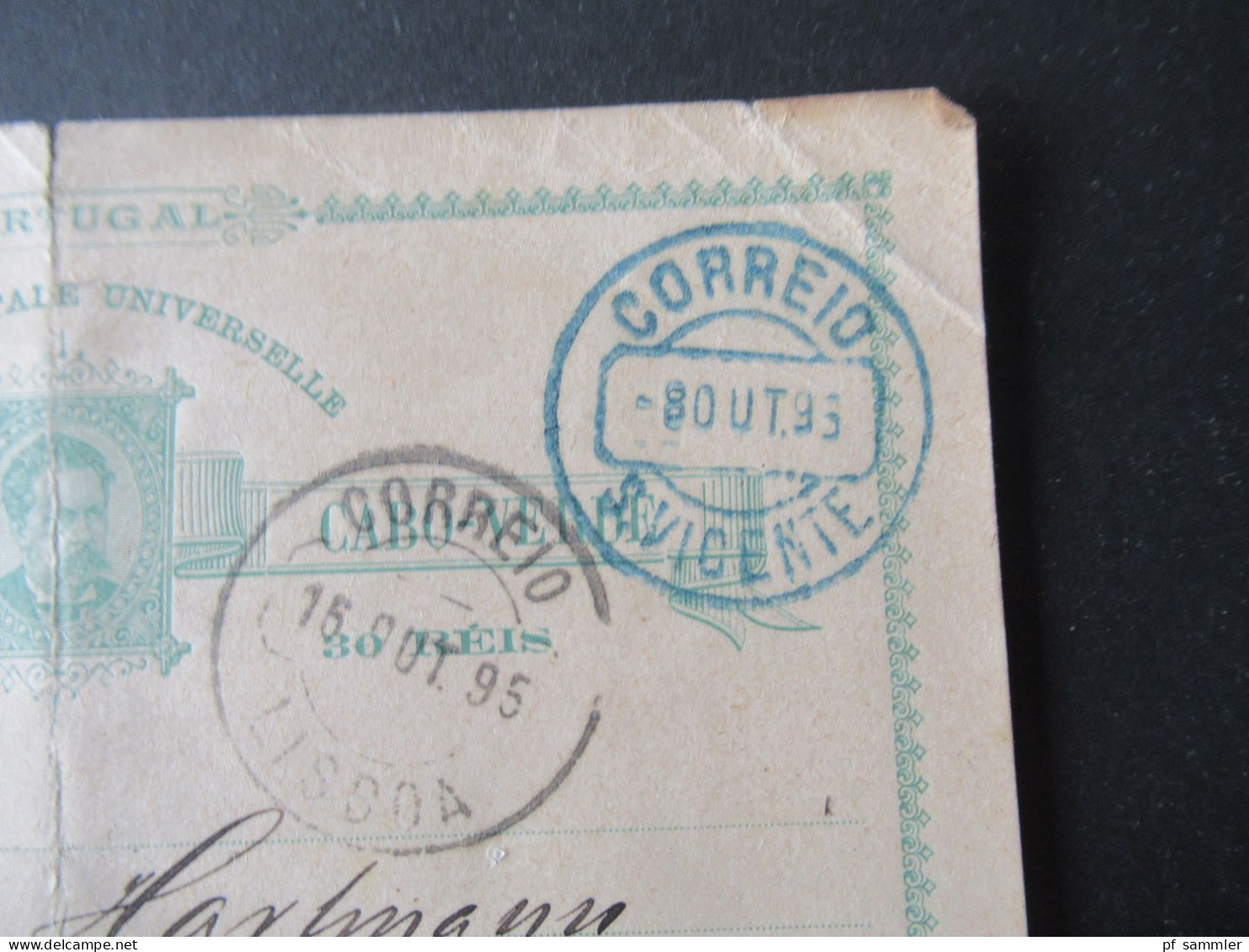Portugal 1895 Ganzsache 30 Reis Blauer Stempel Correio S. Vicente Und Schw. Correio Lisboa Nach Dresden Gesendet - Entiers Postaux