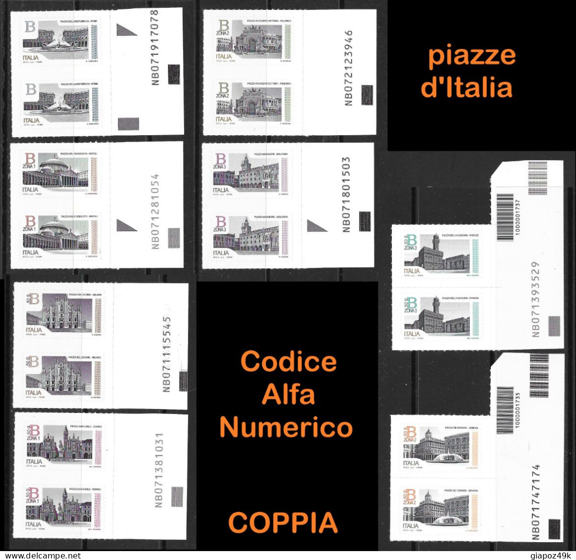 ● ITALIA 2016 ֍ PIAZZE D'ITALIA ֍ 8 Coppie Con Codice ALFANUMERICO ● Con 2 A Barre ● Nuovi ** ● - Bar Codes