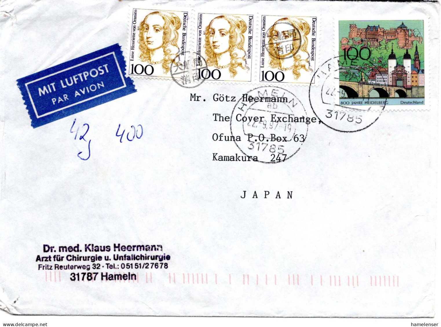 74209 - Bund - 1997 - 100Pfg Heidelberg MiF A LpBf HAMELN -> OFUNA (Japan), M "Nachtraeglich Entwertet"-Stpl - Lettres & Documents