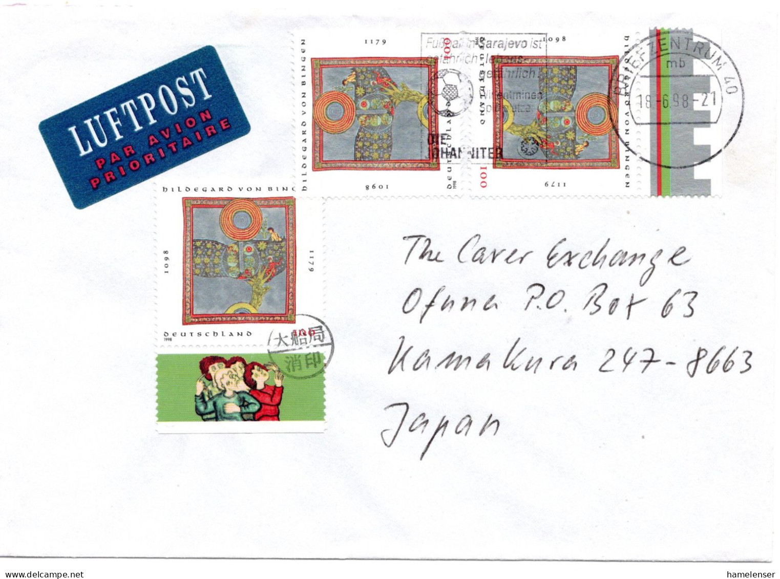 74210 - Bund - 1998 - 3@100Pfg Hildegard A LpBf BRIEFZENTRUM 40 -> OFUNA (Japan), M "Nachtraeglich Entwertet"-Stpl - Storia Postale