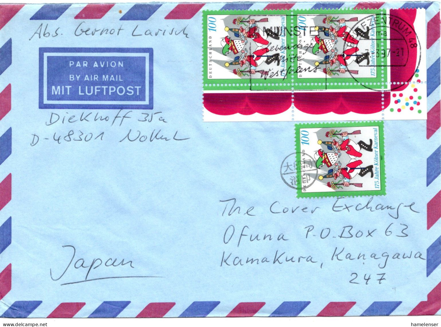 74211 - Bund - 1997 - 3@100Pfg Karneval A LpBf BRIEFZENTRUM 48 - ... -> OFUNA (Japan), M "Nachtraeglich Entwertet"-Stpl - Storia Postale