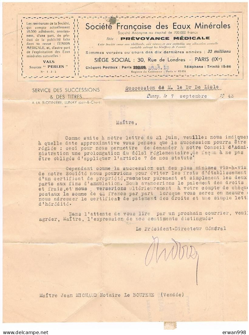 85 VENDEE  Lettre De La Sté Frçaise Eaux Minérales PARIS Et 41 LUNAY à Me MICHAUD Notaire à LE BOUPERE 697) - Bank & Versicherung