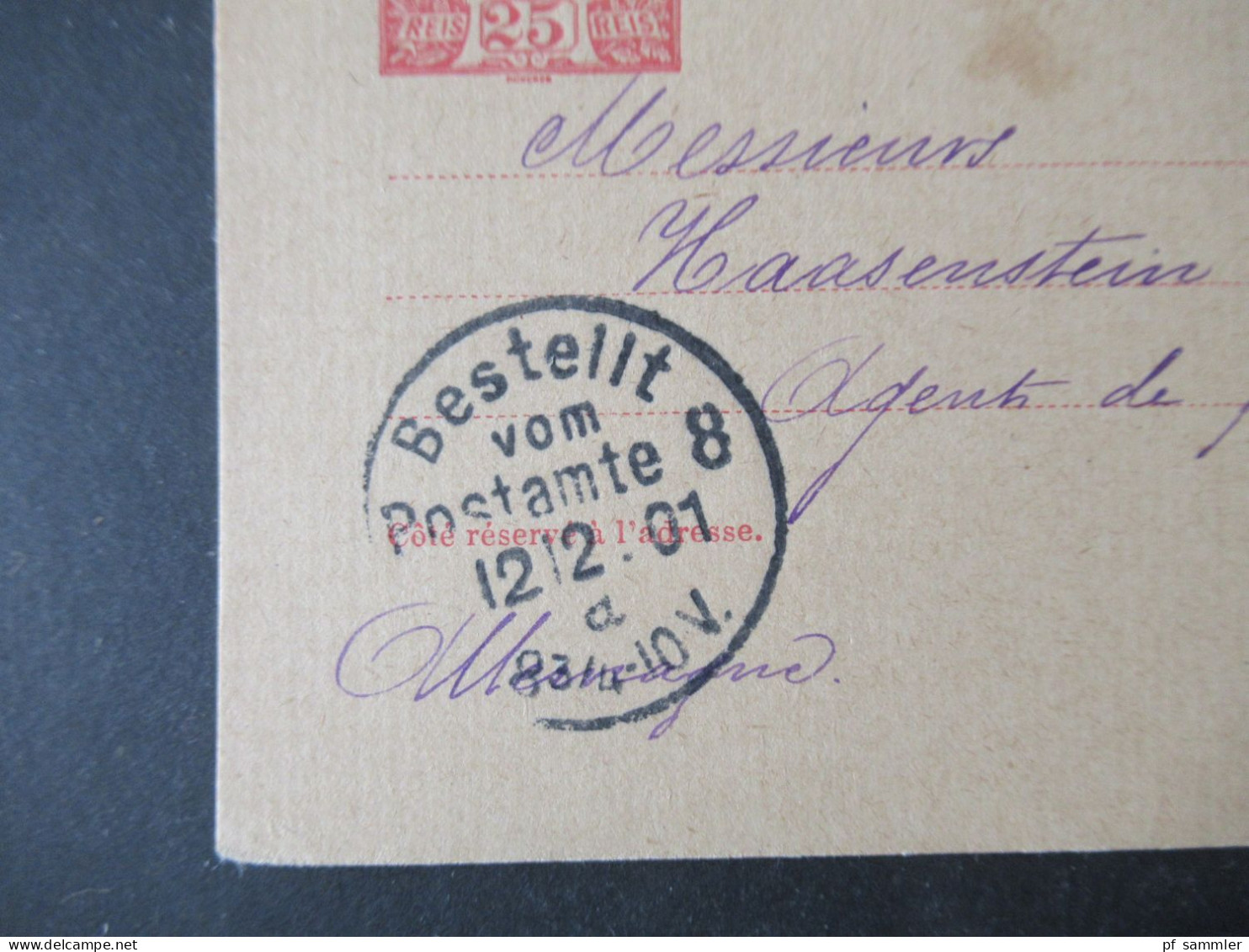 Portugal 1901 Ganzsache Abs. Stempel Bureau Express Pereira & Cie Lisbonne Nach Berlin An Haasenstein & Vogler - Entiers Postaux