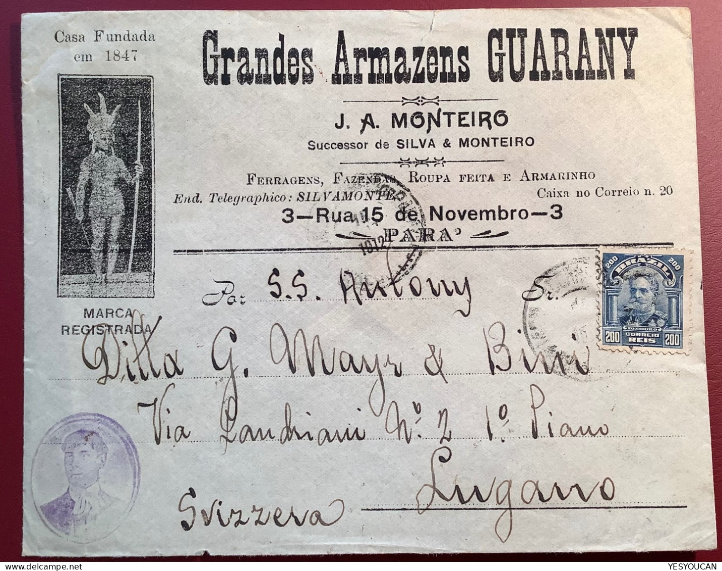 Rare 1912 Illustrated Advertisement Cover „GRANDES ARMAZENS GUARANY/MONTEIRO/PARA>Lugano (Brazil Indians Textile Indien - Lettres & Documents