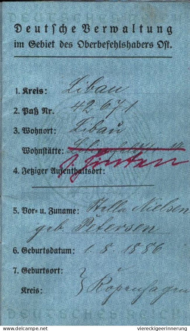 !  1918 Seltener Ersatz Paß Aus Libau, Kurland, Passport, Passeport, Oberost, Oberbefehlshaber Ost, Liepāja, Lettland - Historical Documents