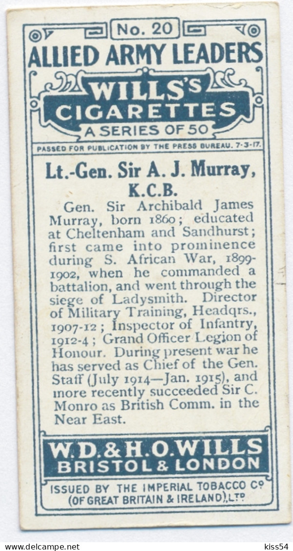 CT 7 - 20 UNITED KINGDOM, Lt. Gen. Sir Archibald James Murray, Allied Army Leader - Old Wills's Cigarettes - 68/35 Mm - Wills