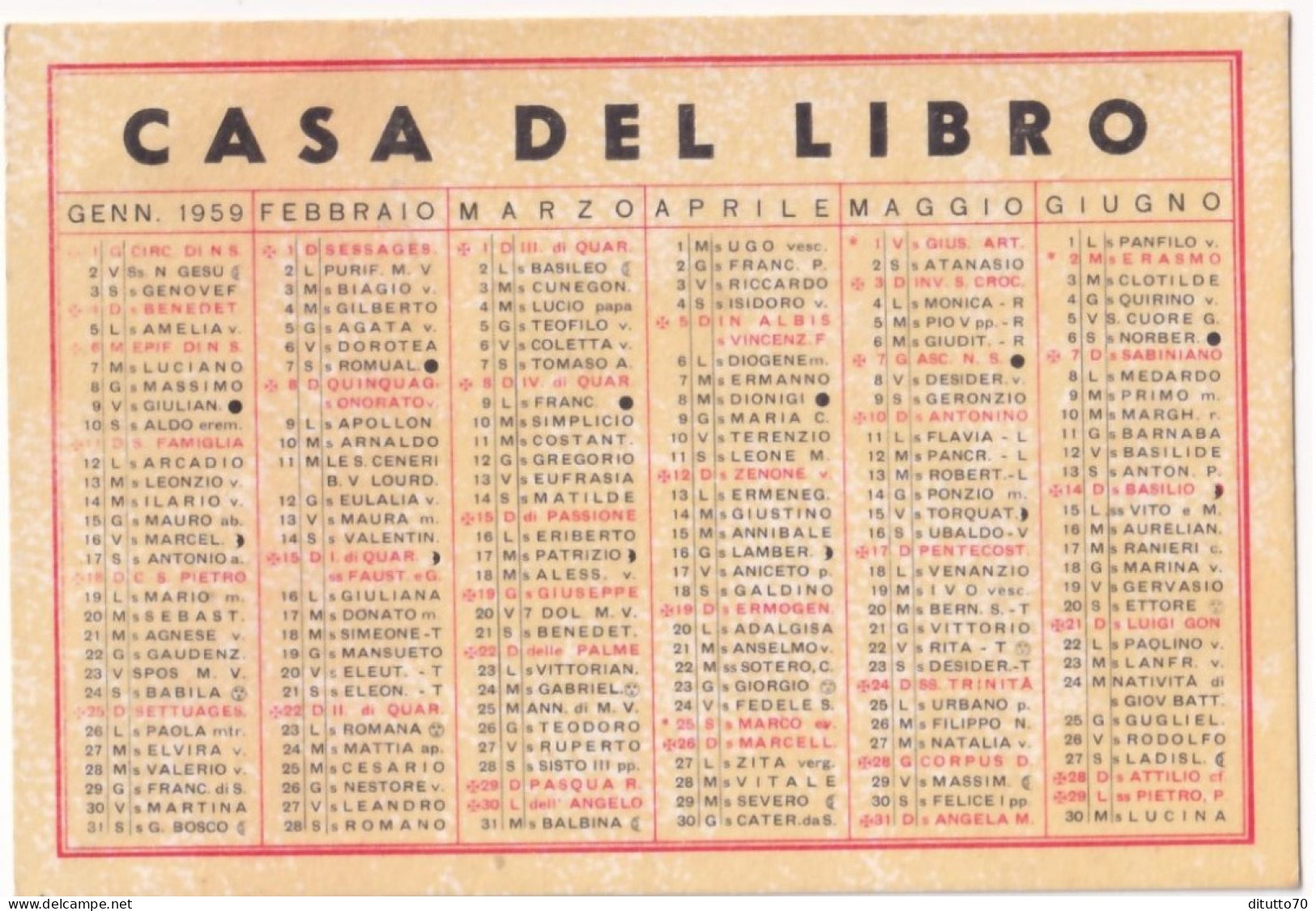 Calendarietto - Casa Del Libro - Catania - Anno 1959 - Petit Format : 1941-60