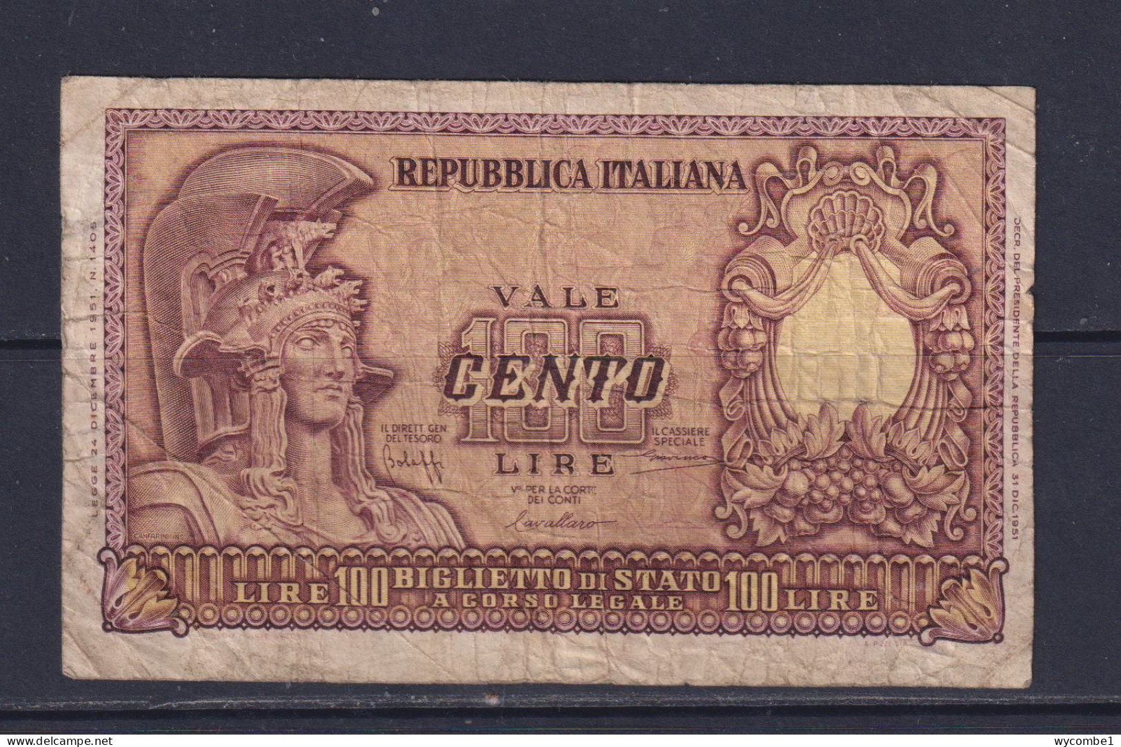 ITALY - 1951 100 Lira Circulated Banknote - 100 Lire