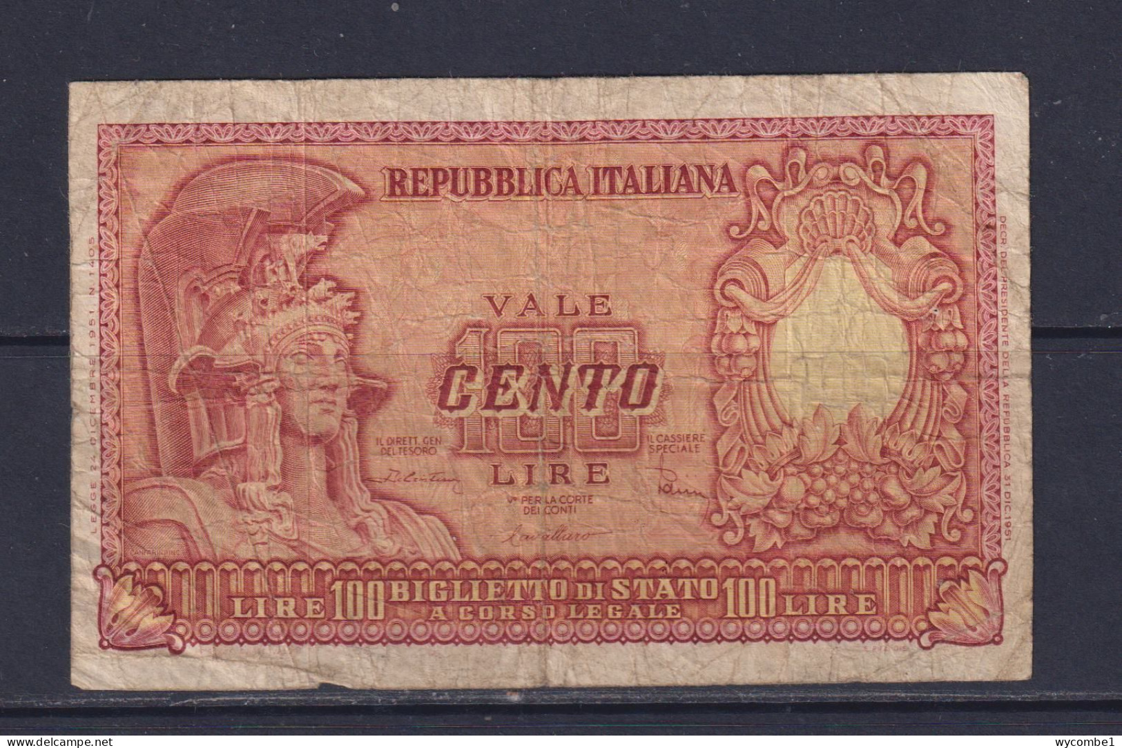 ITALY - 1951 100 Lira Circulated Banknote - 100 Lire