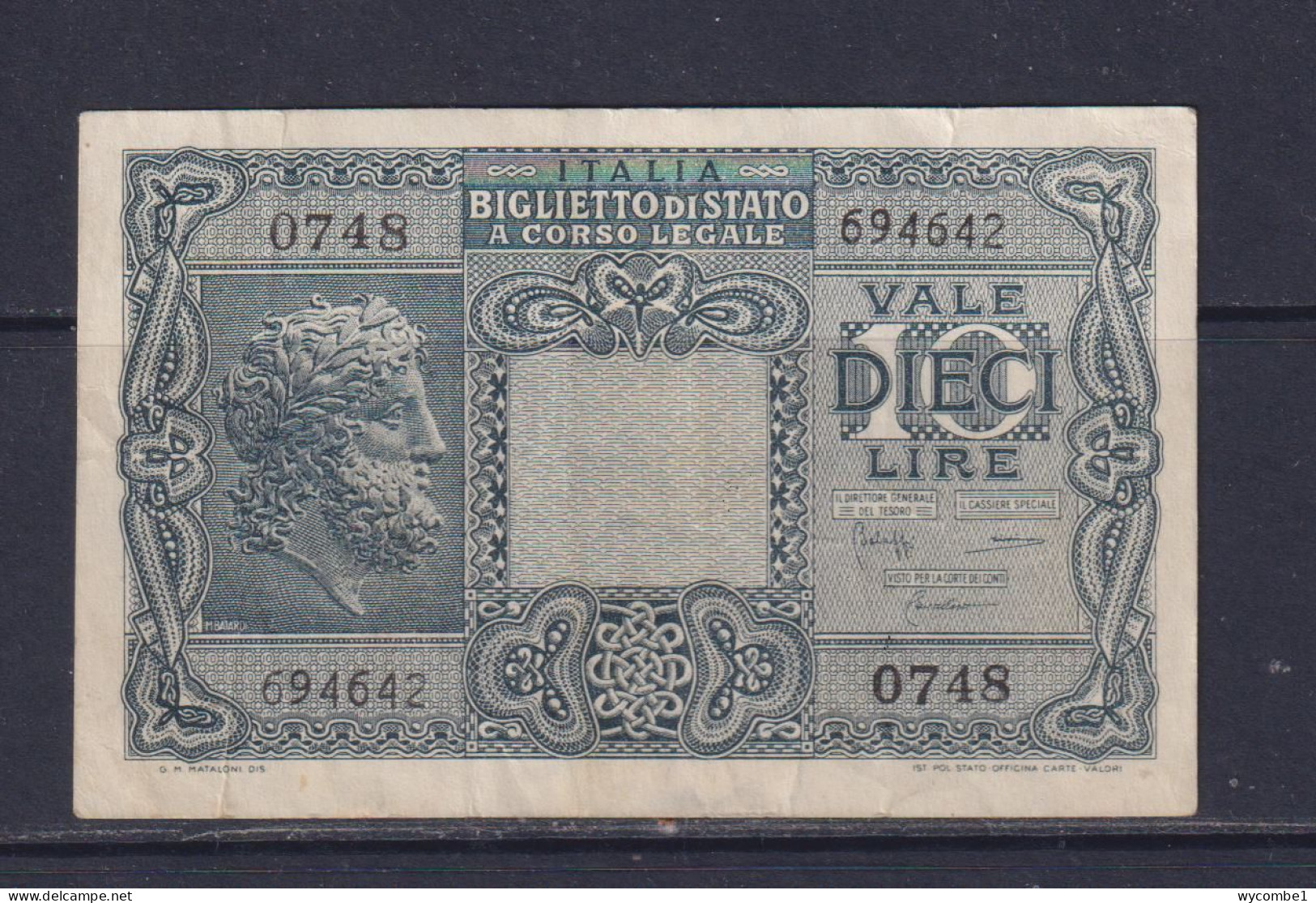 ITALY - 1944 10 Lira Circulated Banknote - Italië – 10 Lire