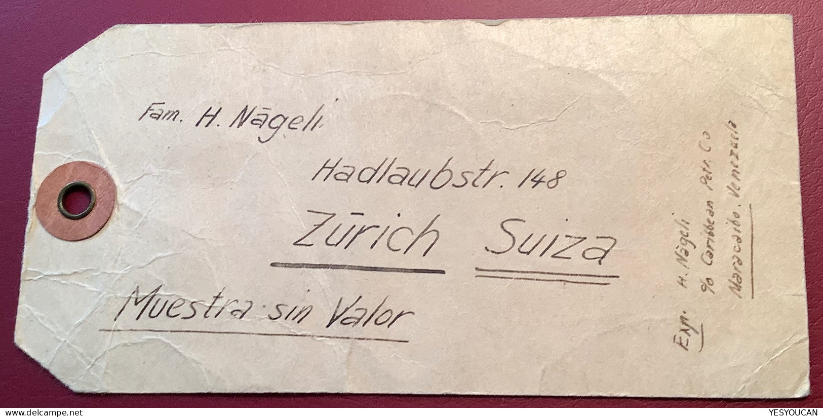 Scarce MUESTRA SIN VALOR PARCEL TAG Cds MARACAIBO 1939>Zürich Schweiz (cover échantillon Sans Valeur Muster Ohne Wert - Venezuela