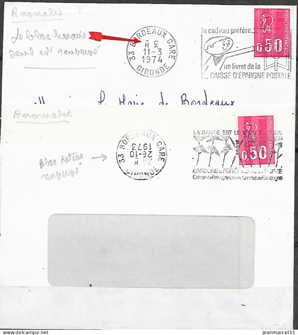 Curiosités 2 Flammes De Bordeaux Gare Bloc Dateur Renversé 26-10-1973 Et Bloc Horaire Renversé 11-3 1974 - Covers & Documents