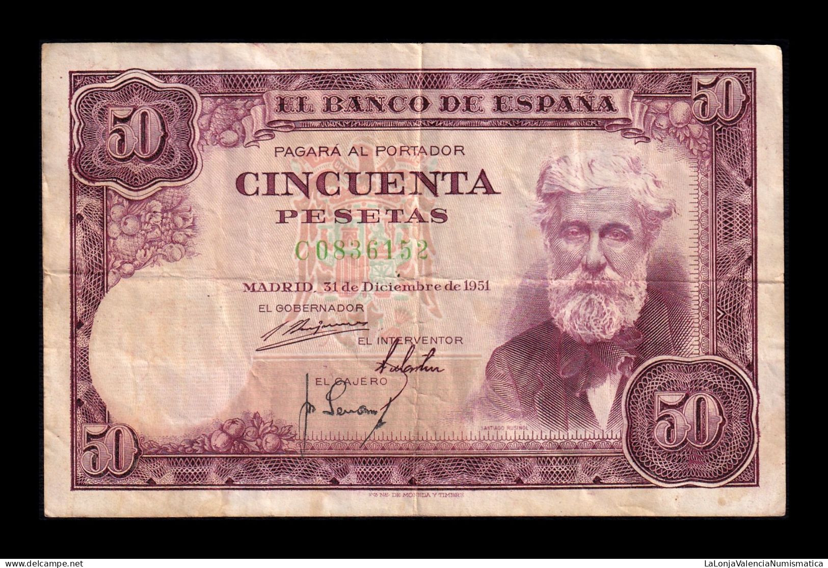 España Spain 50 Pesetas Santiago Rusiñol 1951 Pick 141 Serie C Bc/Mbc F/Vf - 50 Pesetas