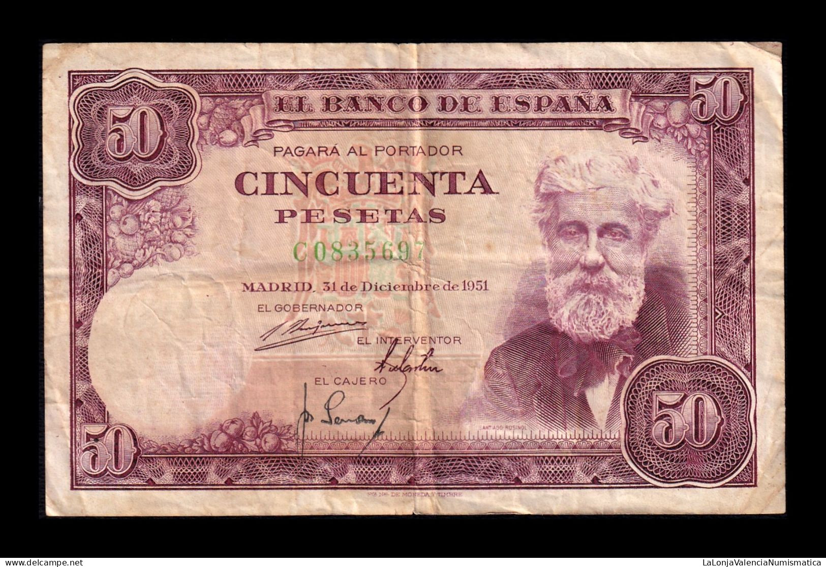 España Spain 50 Pesetas Santiago Rusiñol 1951 Pick 141 Serie C Bc/Mbc F/Vf - 50 Pesetas