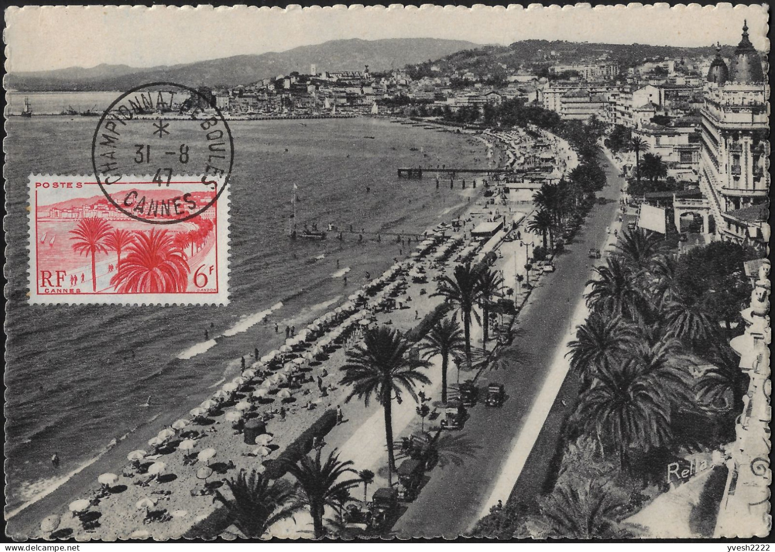 France 1947. Oblitération Championnat De Boules (pétanque), Cannes. La Croisette. Au Recto, Vignette Oblitérée - Bocce