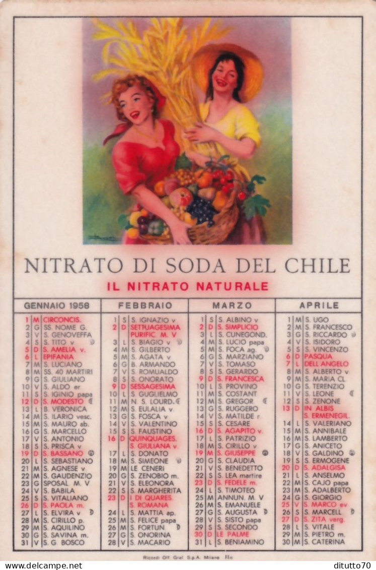 Calendarietto - Consorzio Agrale Provvinciale - Nitrado Di Sodio Del Chile  - Anno 1958 - Petit Format : 1941-60
