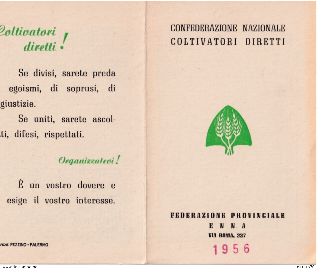 Calendarietto - Confederazione Nazionale Coltivatori Diretti - Federazione Prov. Enna - Anno 1956 - Petit Format : 1941-60