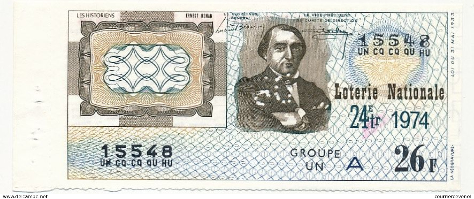 FRANCE - Loterie Nationale - Les Historiens - Ernest Renan - 24ème Tranche - 1974 - Perforation - Biglietti Della Lotteria