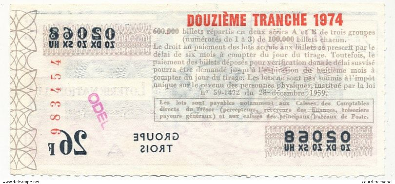 FRANCE - Loterie Nationale - Les Ecrivains - Théophile Gauthier - 12ème Tranche 1974 - Lottery Tickets