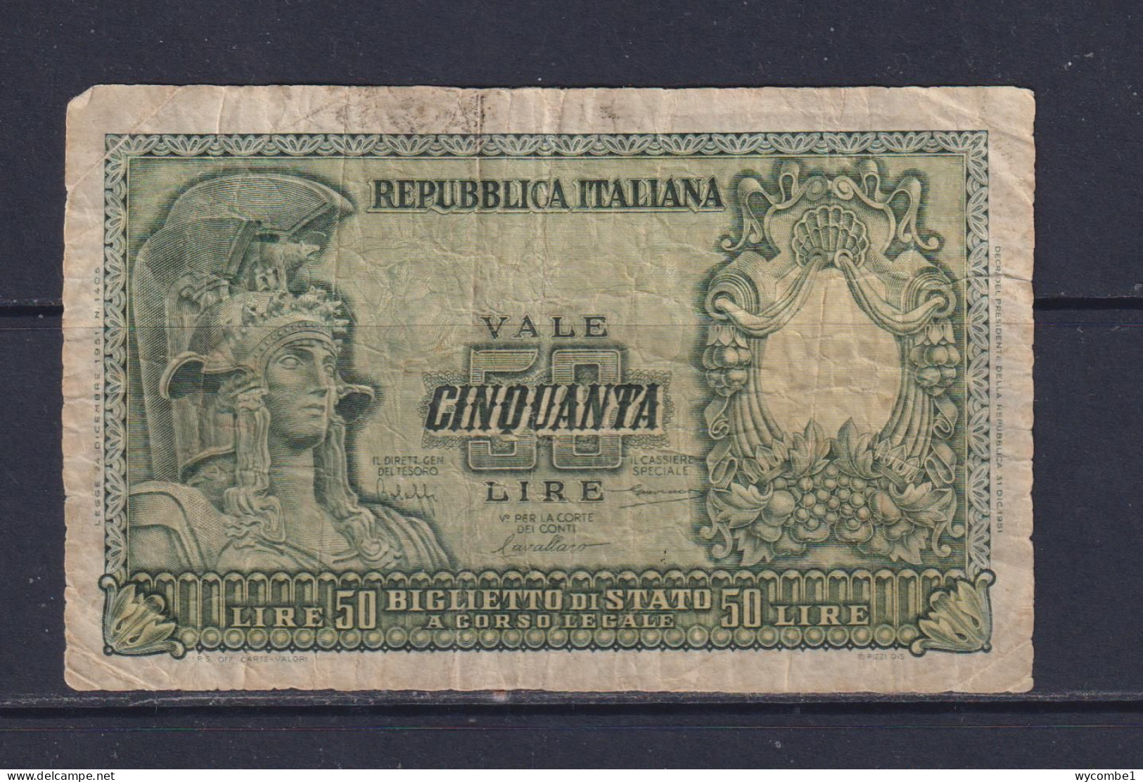 ITALY - 1951 50 Lira Circulated Banknote - 50 Liras