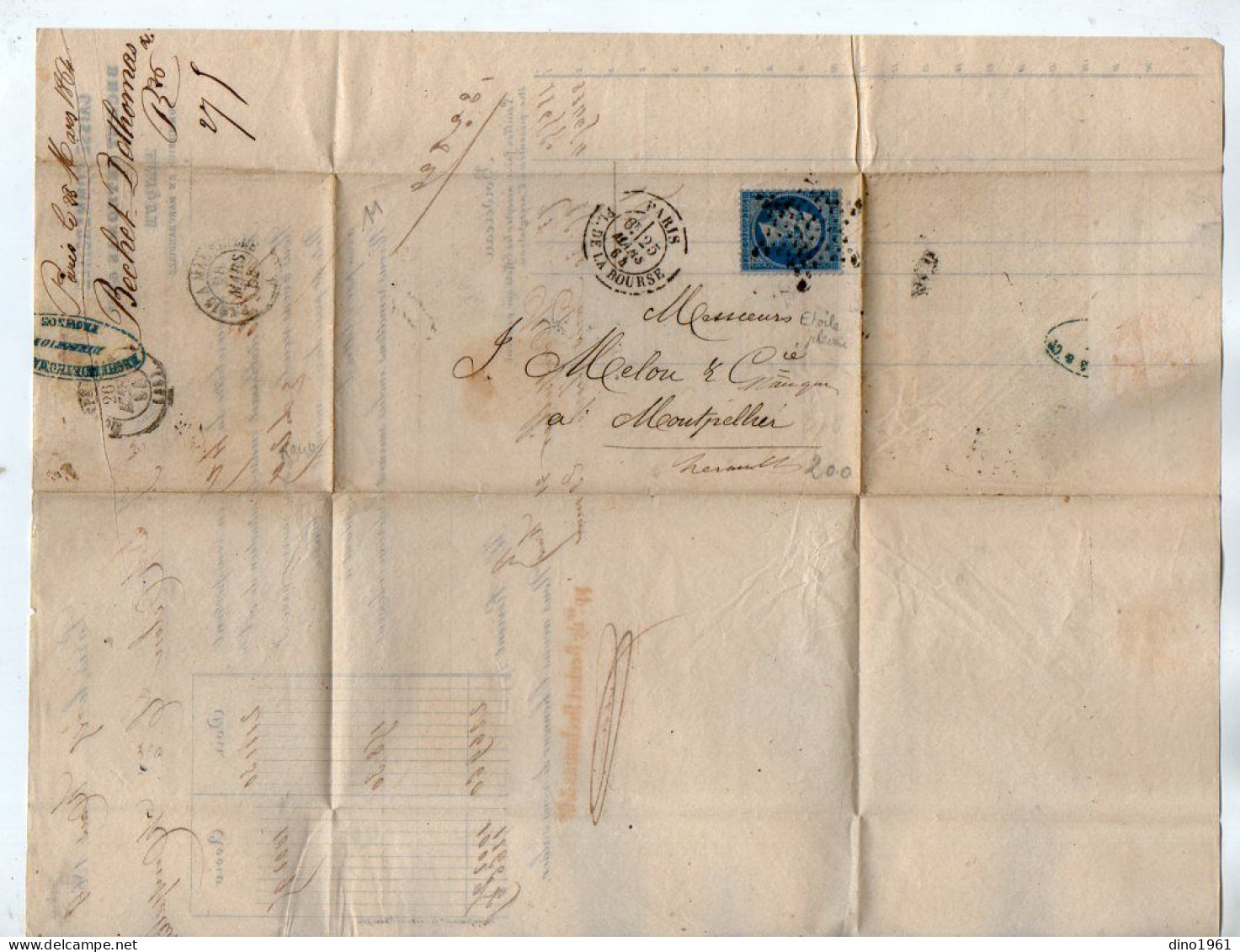 VP22.935 - 1864 - Lettre - Banque - Caisse Commerciale BECHET - DETHOMAS & Cie à PARIS Pour MONTPELLIER - Bank En Verzekering