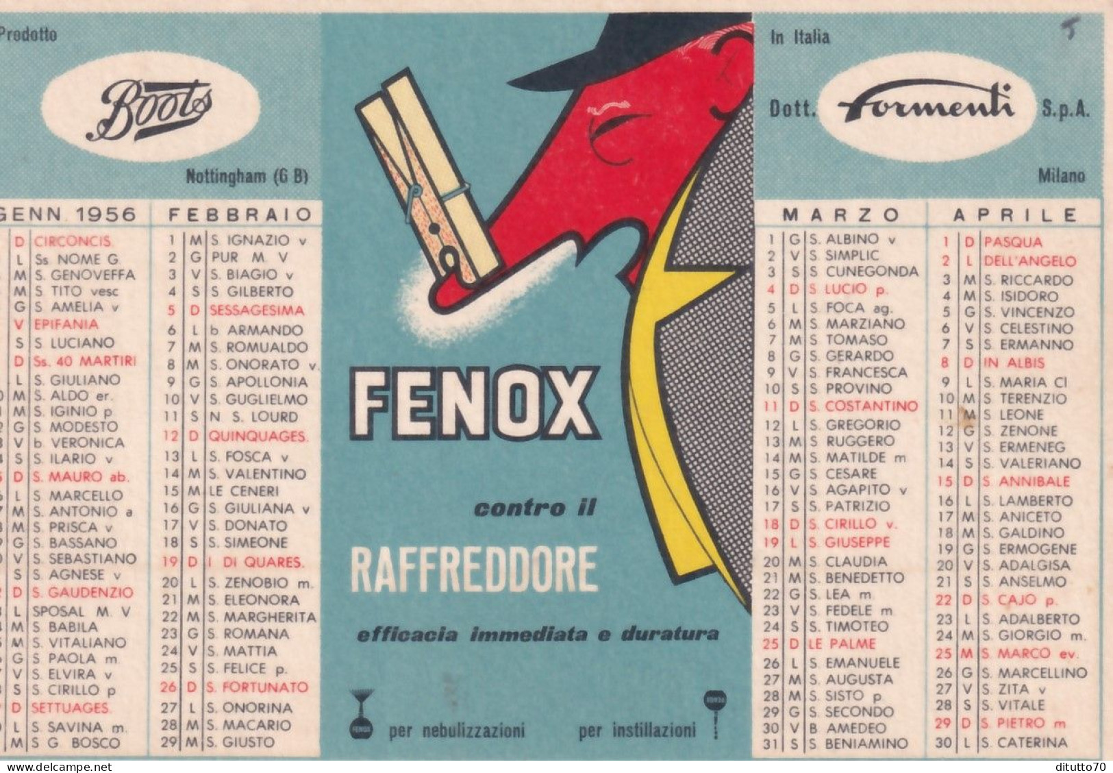 Calendarietto - Fenox - Milano - Anno 1956 - Petit Format : 1941-60