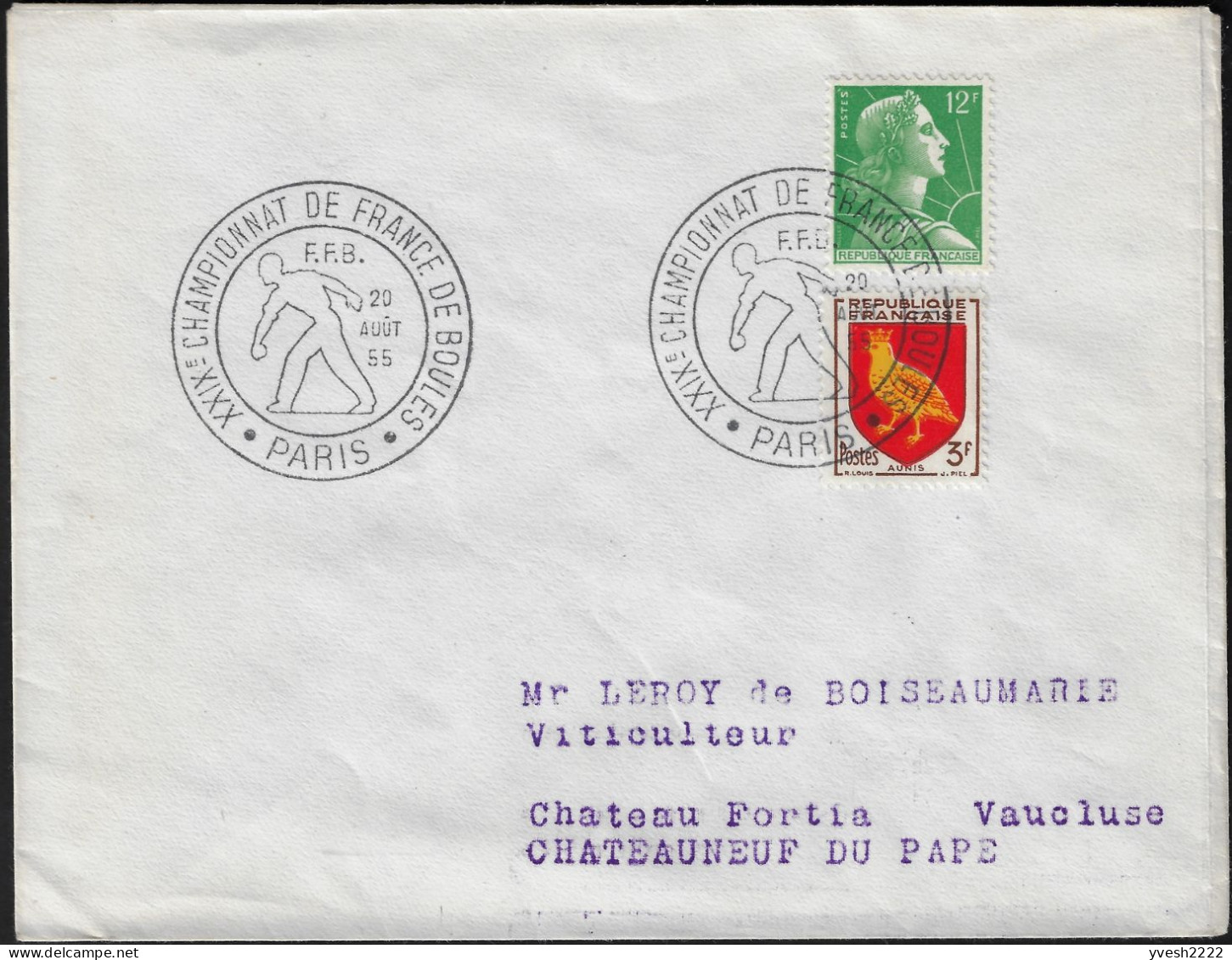 France 1955. Oblitération Championnat De France De Boules (pétanque), Paris - Bocce