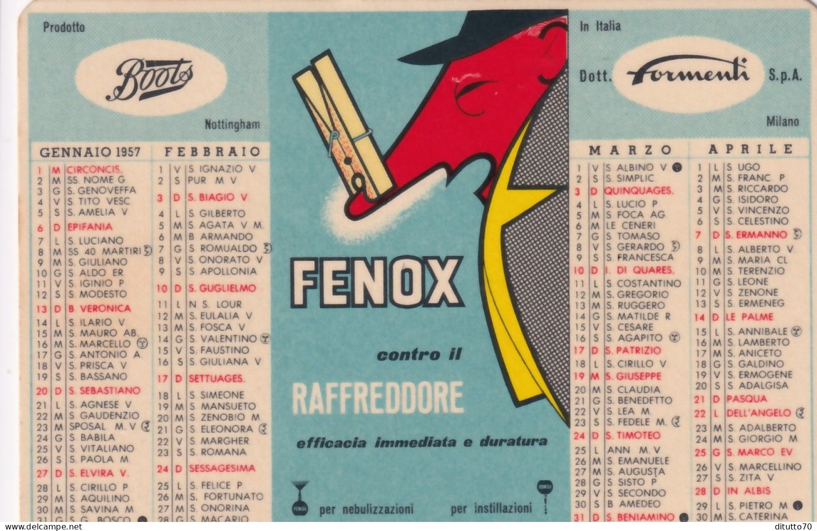 Calendarietto - Fenox - Milano - Anno 1957 - Petit Format : 1941-60