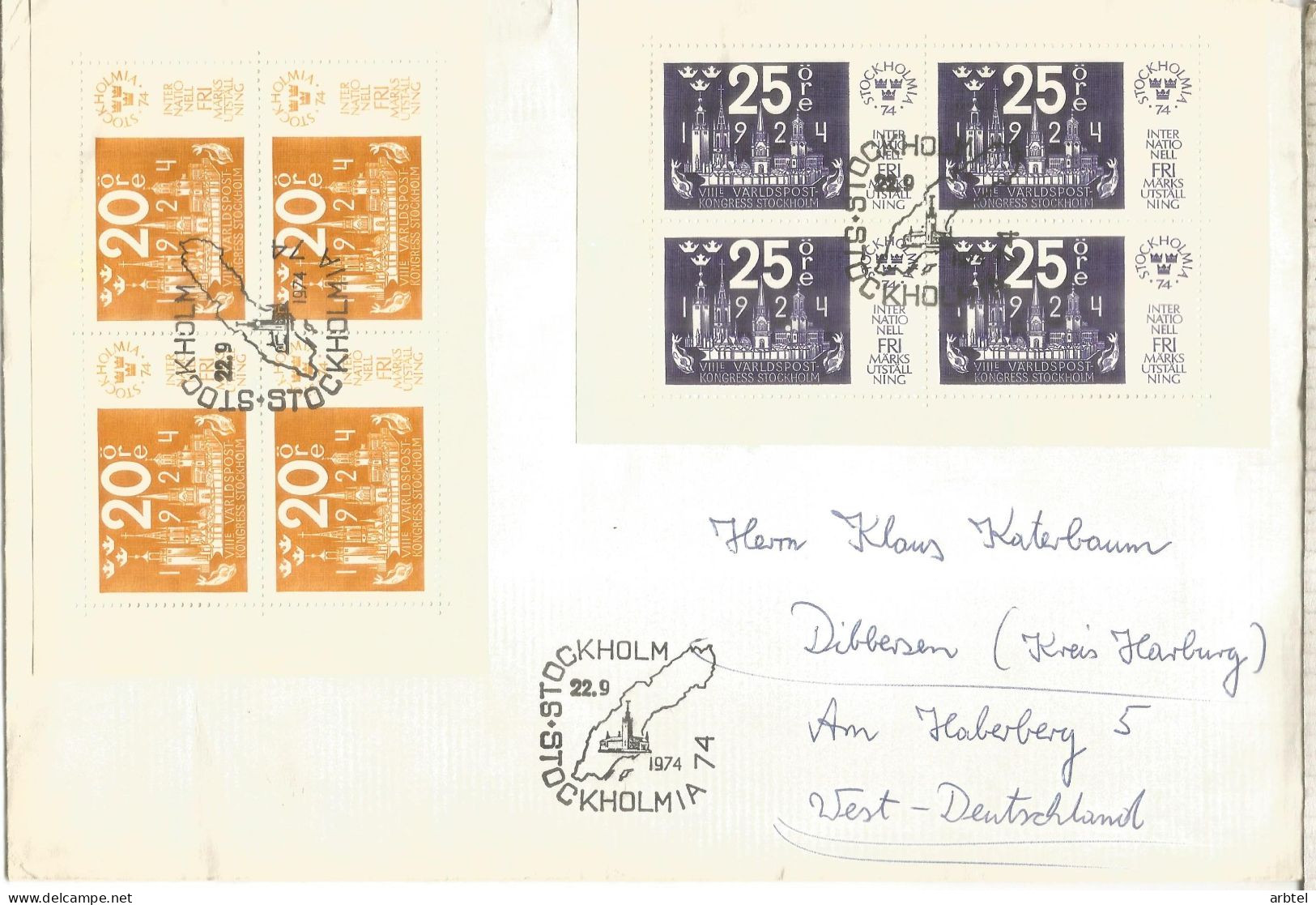 SUECIA 2 CC STOCKHOLMIA 1974 - Cartas & Documentos