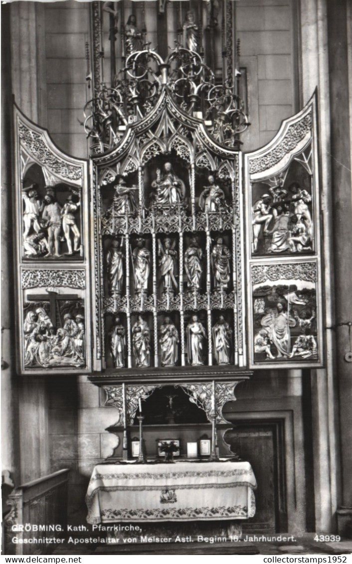 GROBMING, CHURCH, INTERIOR, ARCHITECTURE, ALTAR, STATUE, AUSTRIA, POSTCARD - Gröbming