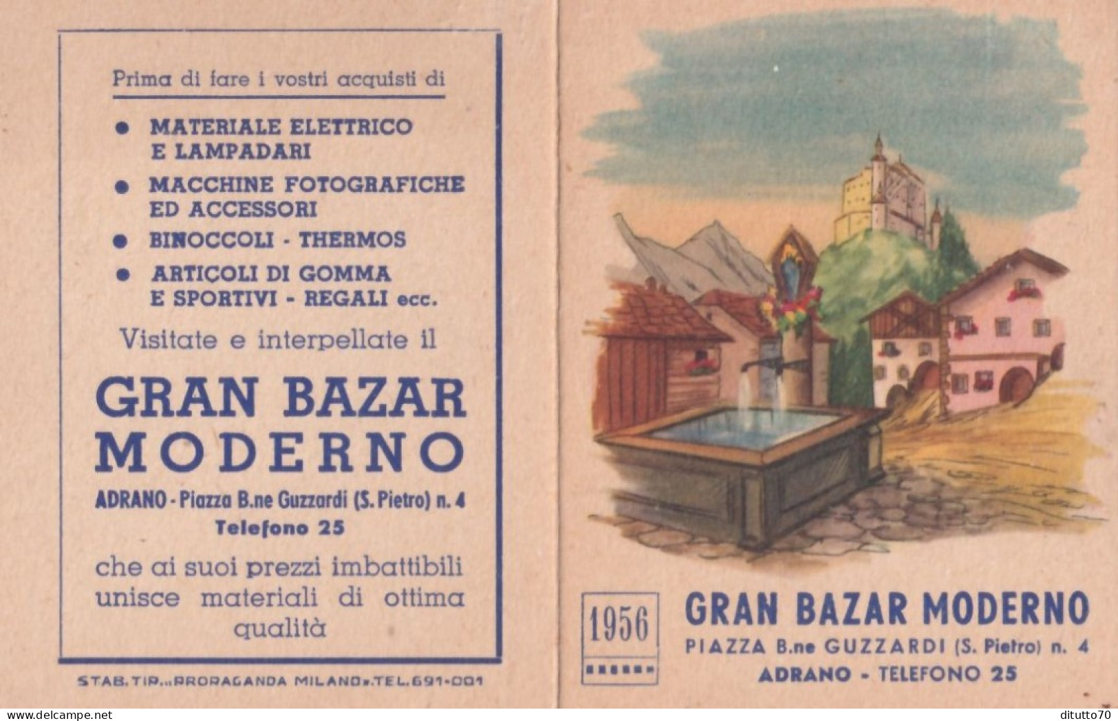 Calendarietto - Gran Bazar Moderno - Adrano - Madonna Dlle Lagrime - Anno 1956 - Petit Format : 1941-60