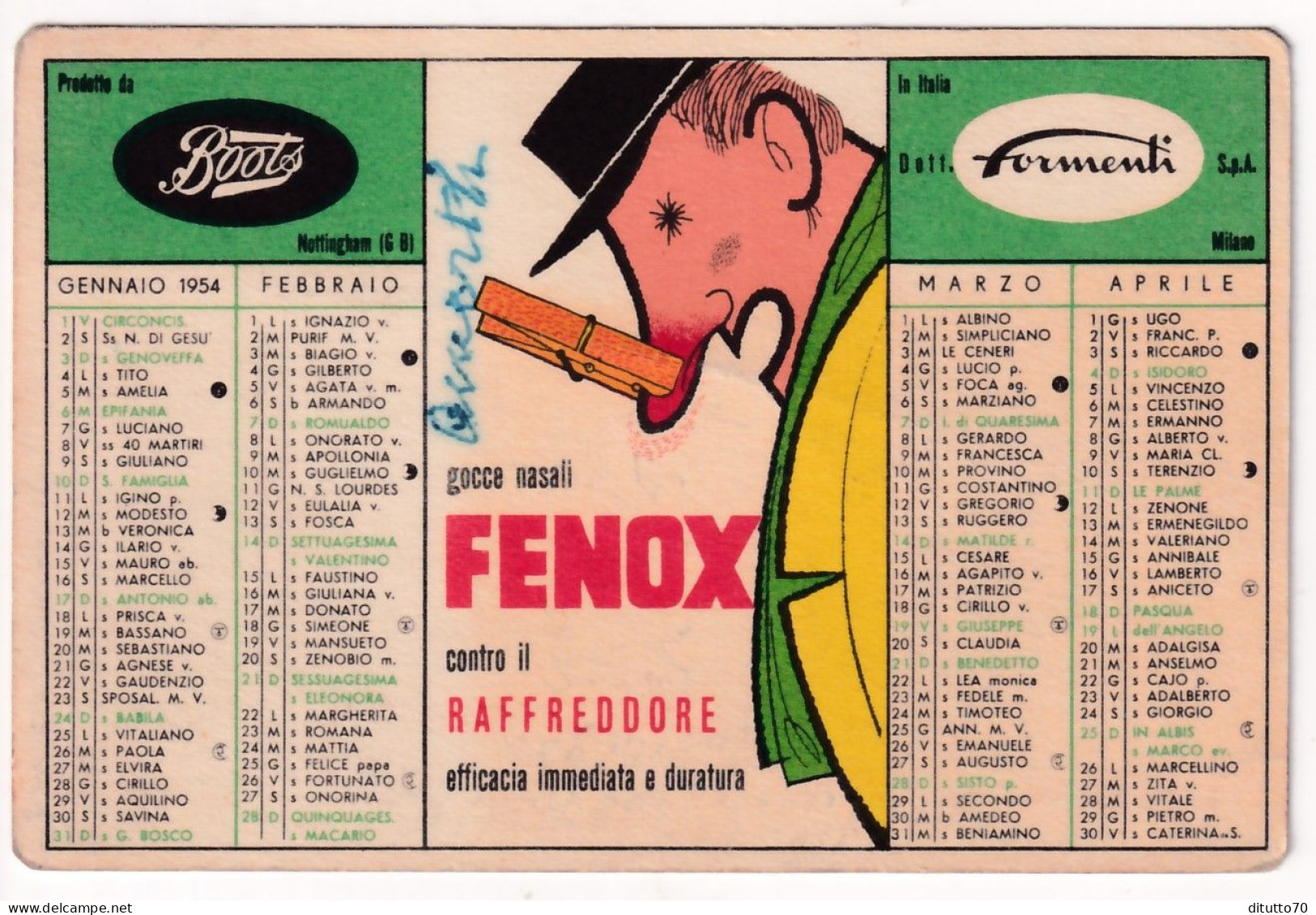 Calendarietto - Gocce Nasali - Fenox - Milano - Anno 1954 - Petit Format : 1941-60