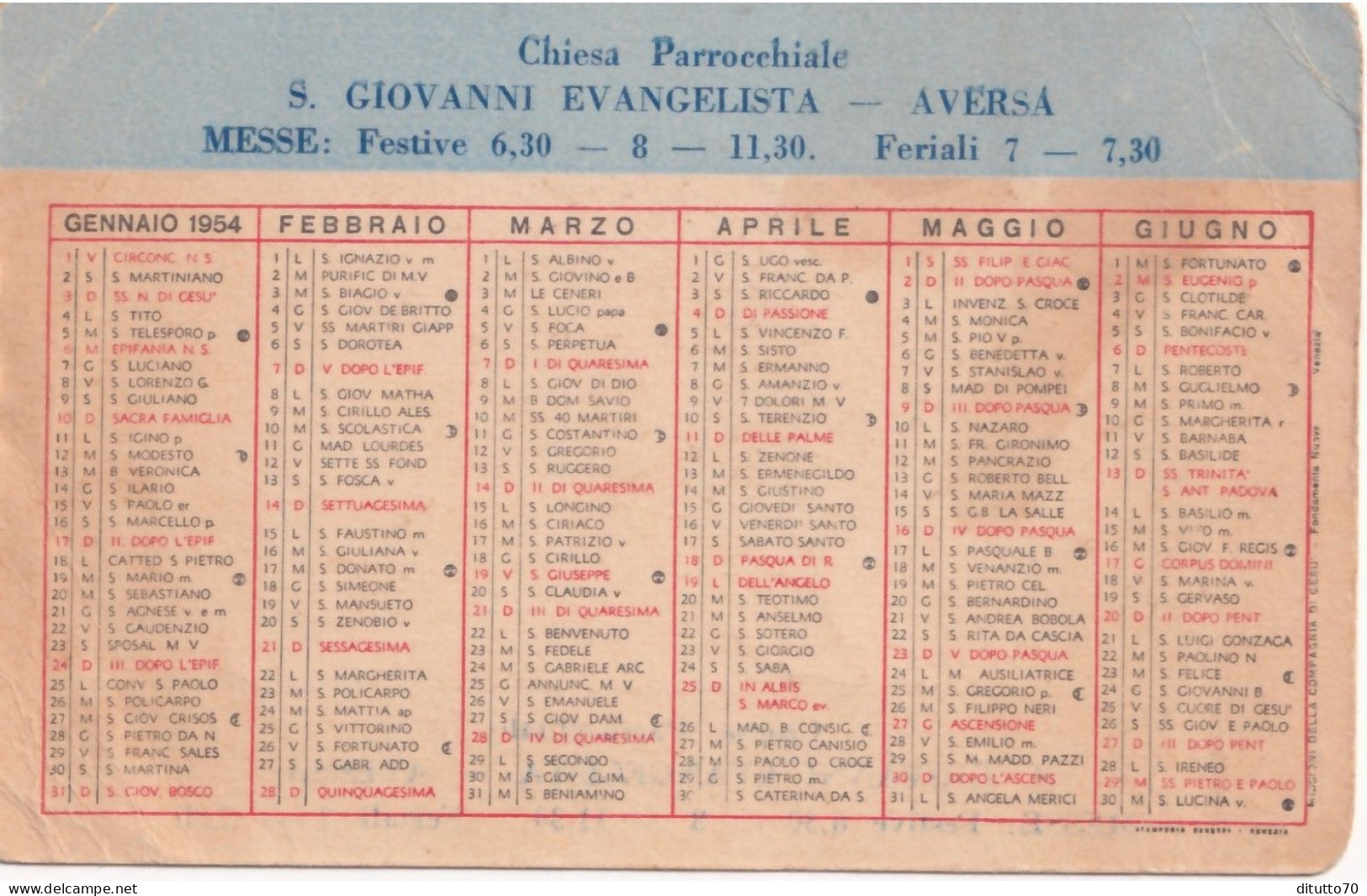 Calendarietto - Chiesa S.giovanni Evangelisa - Aversa - Anno 1954 - Petit Format : 1941-60