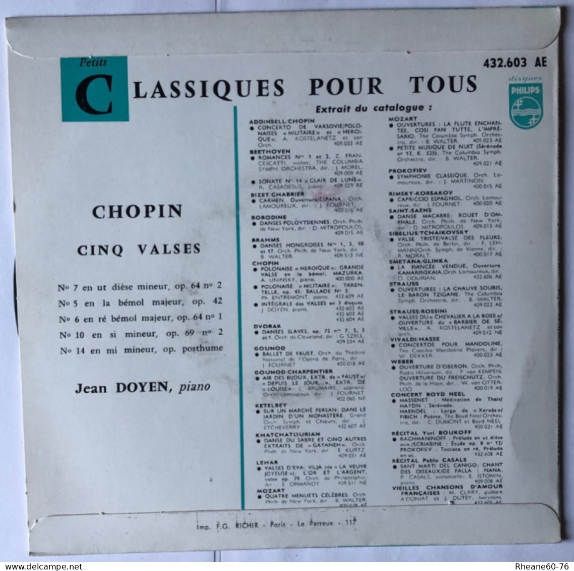 Philips 432.603 AE - 45T EP - Chopin 5 Valses Jean Doyen - Microsillon Artistique Haute Fidélité - Special Formats