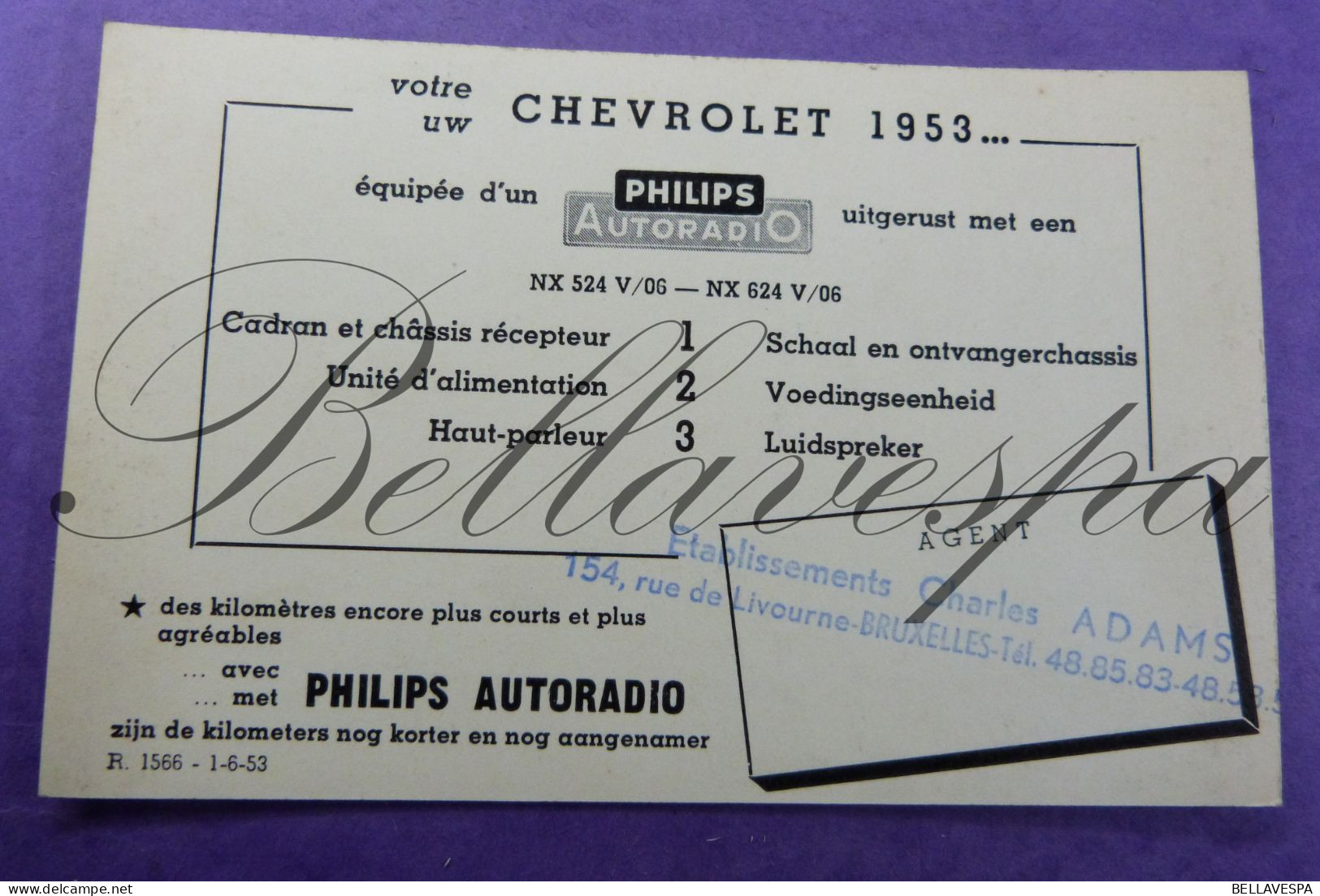 Chevrolet 1953 Philips Autoradio Etabl. Charles Adams Brux - Toerisme