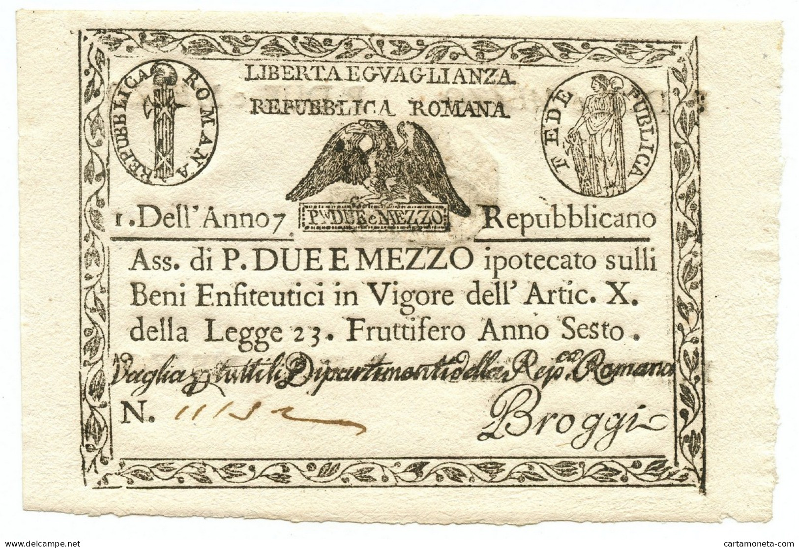 2,5 PAOLI ASSEGNATO REPUBBLICA ROMANA STATO PONTIFICIO DAL 09/09/1798 FDS - Otros & Sin Clasificación