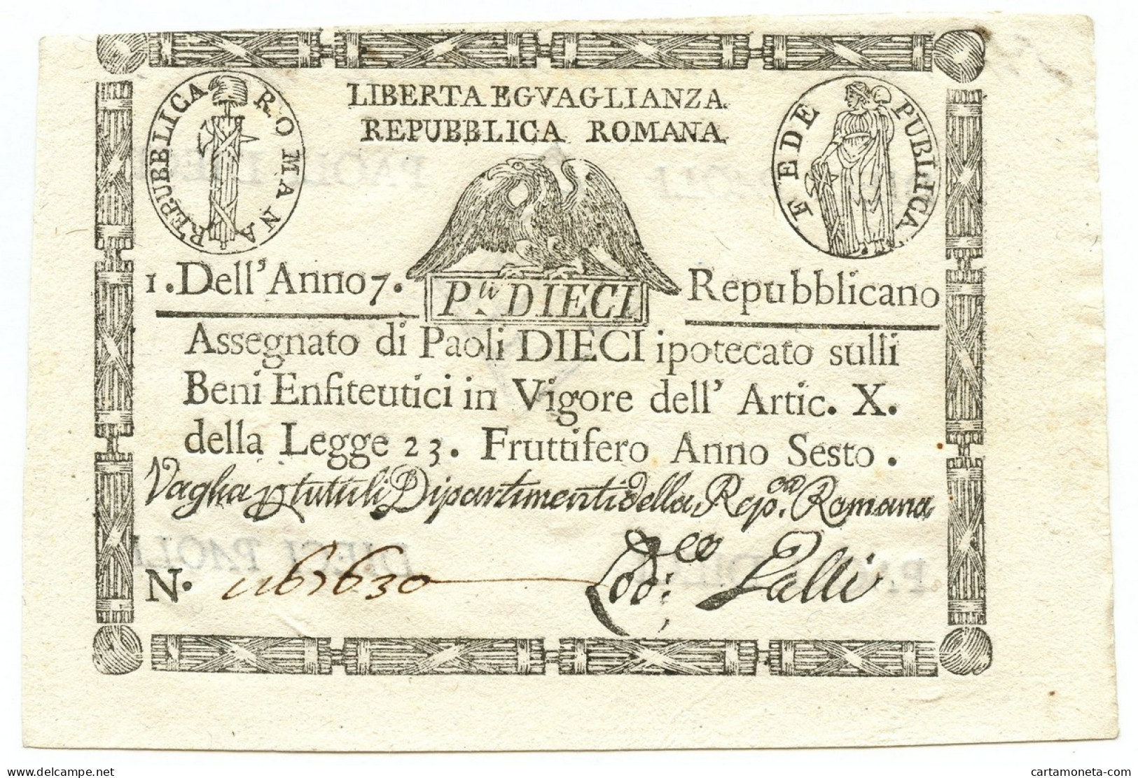 10 PAOLI ASSEGNATO REPUBBLICA ROMANA TIMBRO ROMBOIDALE DAL 09/09/1798 SPL - Autres & Non Classés