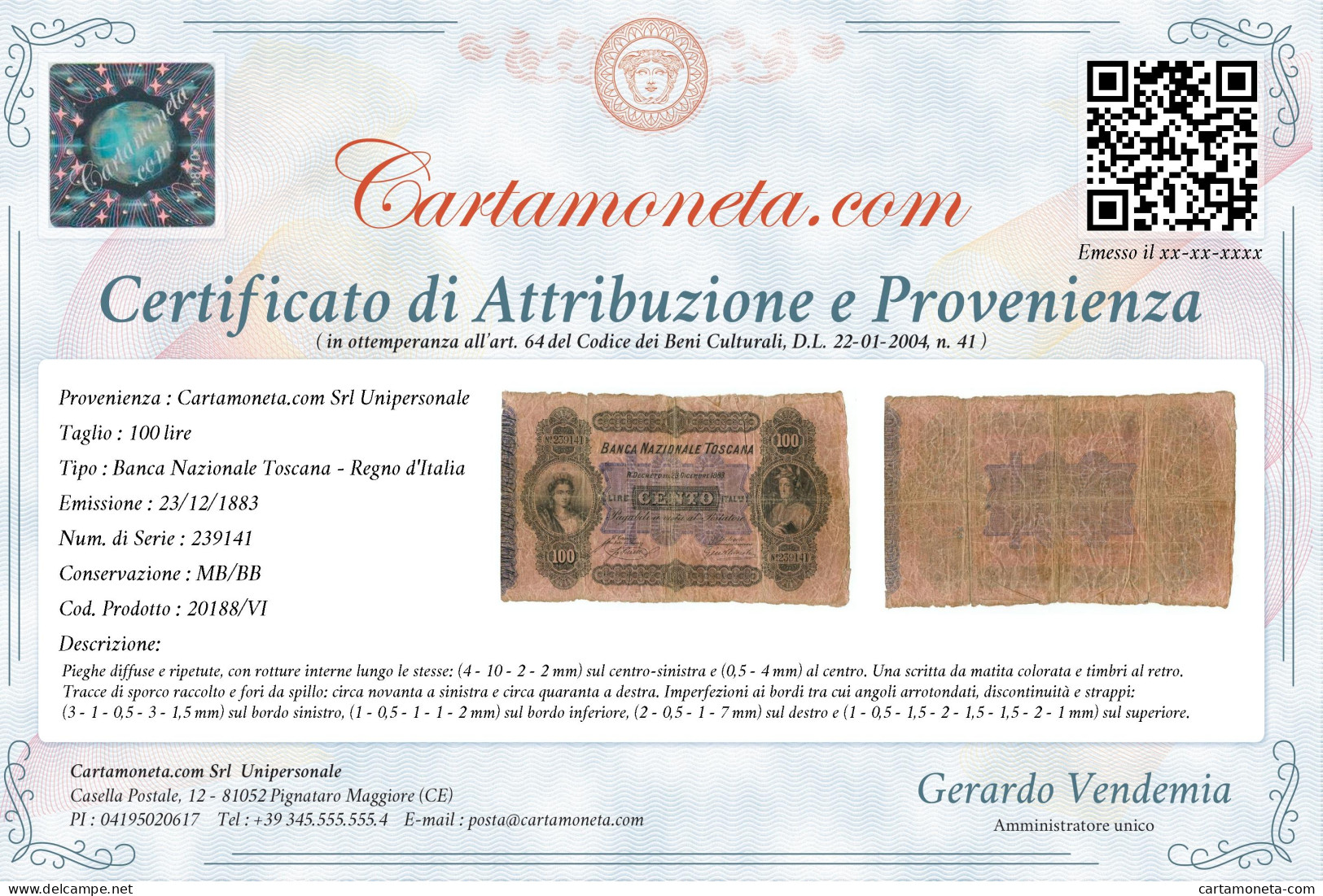 100 LIRE BANCA NAZIONALE TOSCANA EFFIGE DANTE REGNO D'ITALIA 23/12/1883 MB/BB - Other & Unclassified