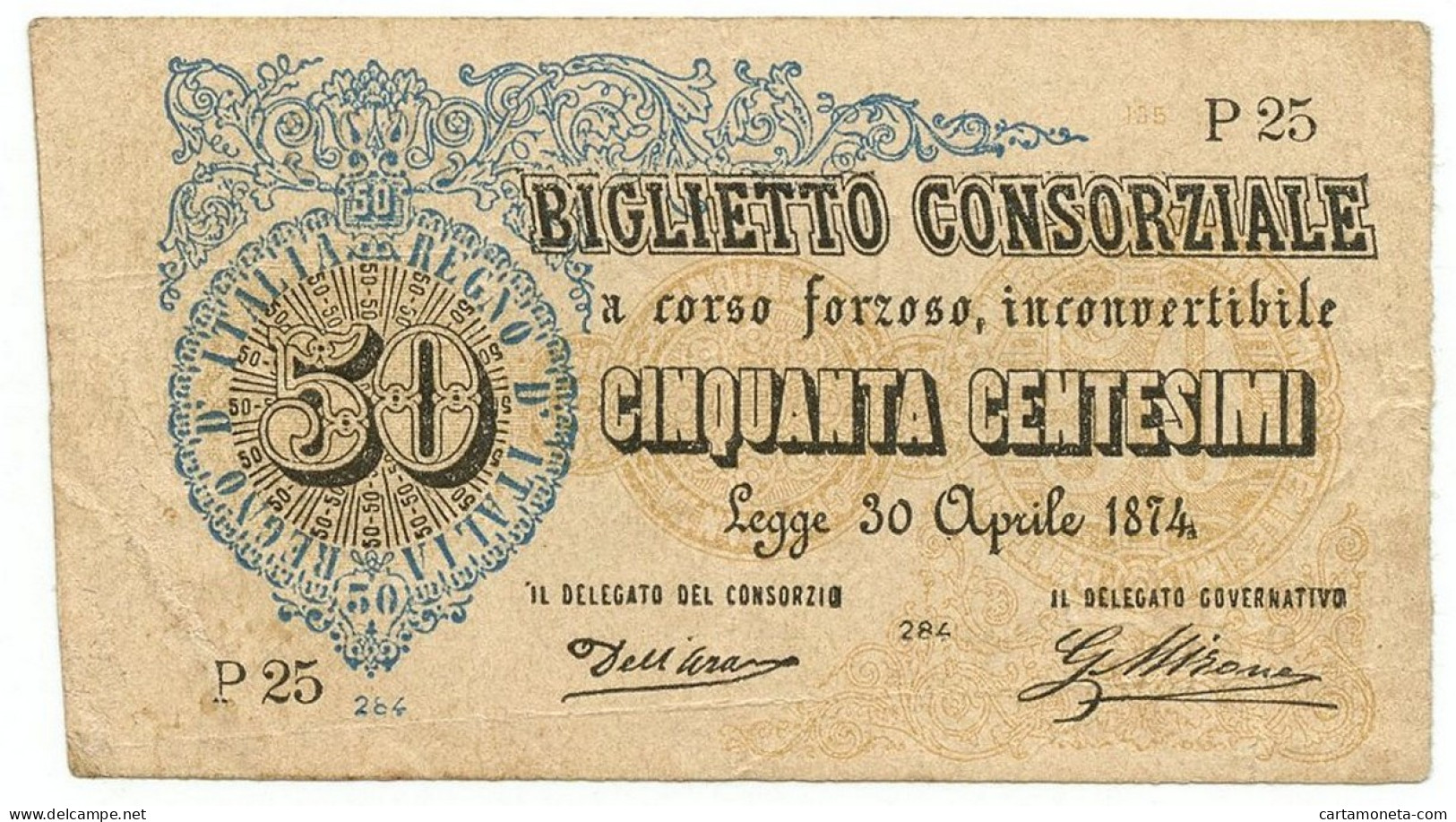 50 CENTESIMI BIGLIETTO CONSORZIALE REGNO D'ITALIA 30/04/1874 BB/BB+ - Biglietto Consorziale