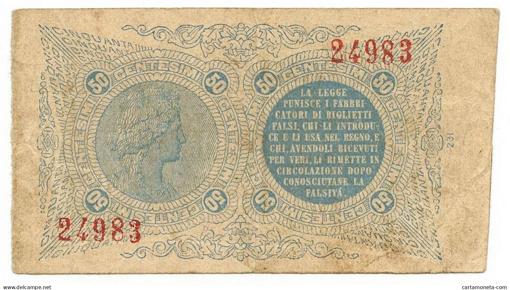 50 CENTESIMI BIGLIETTO CONSORZIALE REGNO D'ITALIA 30/04/1874 BB/BB+ - Biglietto Consorziale