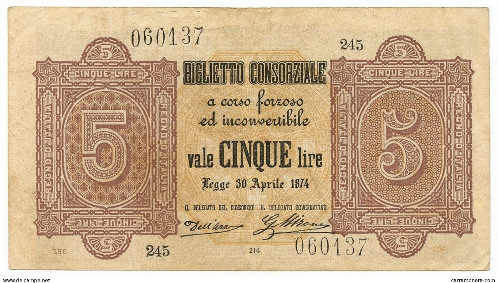 5 LIRE BIGLIETTO CONSORZIALE REGNO D'ITALIA 30/04/1874 BB/SPL - Biglietti Consorziale