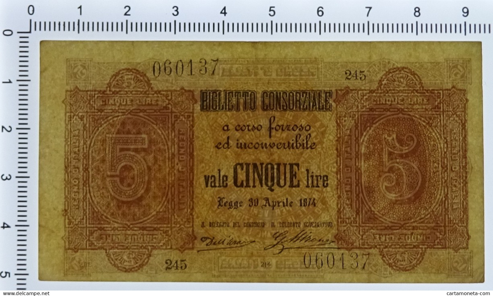 5 LIRE BIGLIETTO CONSORZIALE REGNO D'ITALIA 30/04/1874 BB/SPL - Biglietti Consorziale