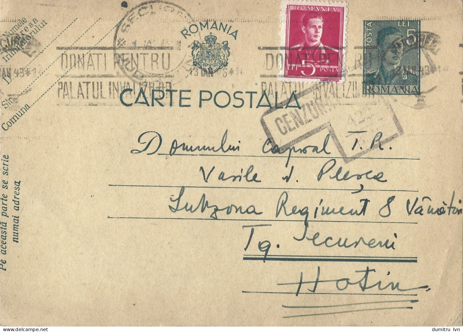 ROMANIA 1942 POSTCARD, CENSORED, COMMUNIST PROPAGANDA STAMP POSTCARD STATIONERY - World War 2 Letters